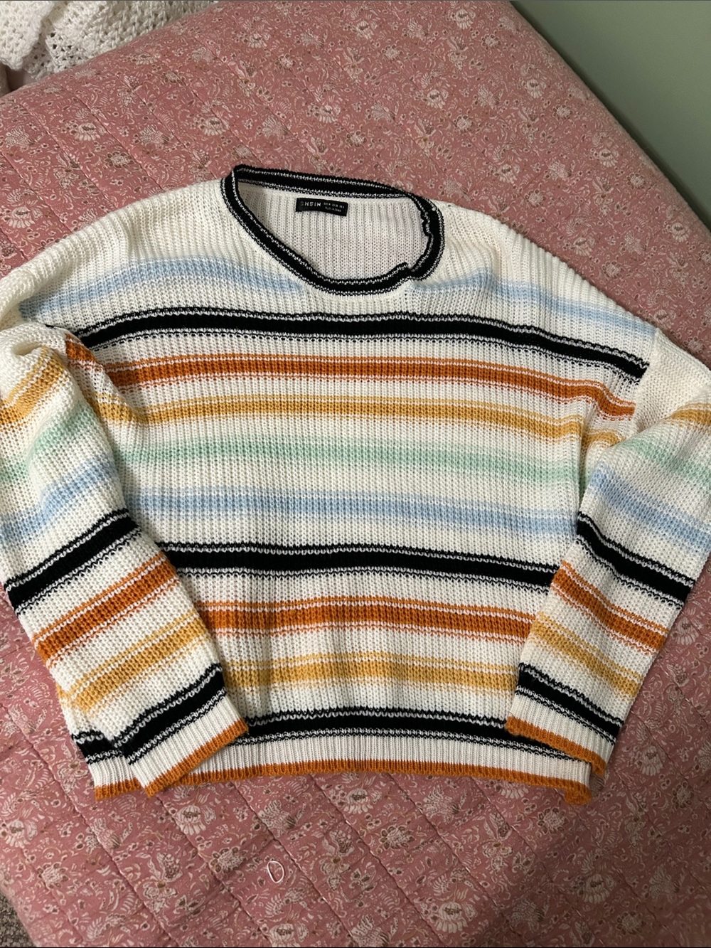 SHEIN White Multicolor Striped Crewneck Sweater
